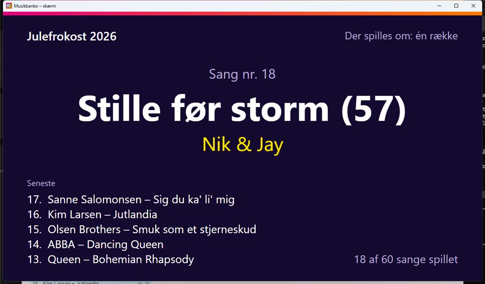Skærmvinduet med den aktuelle sang i stor skrift